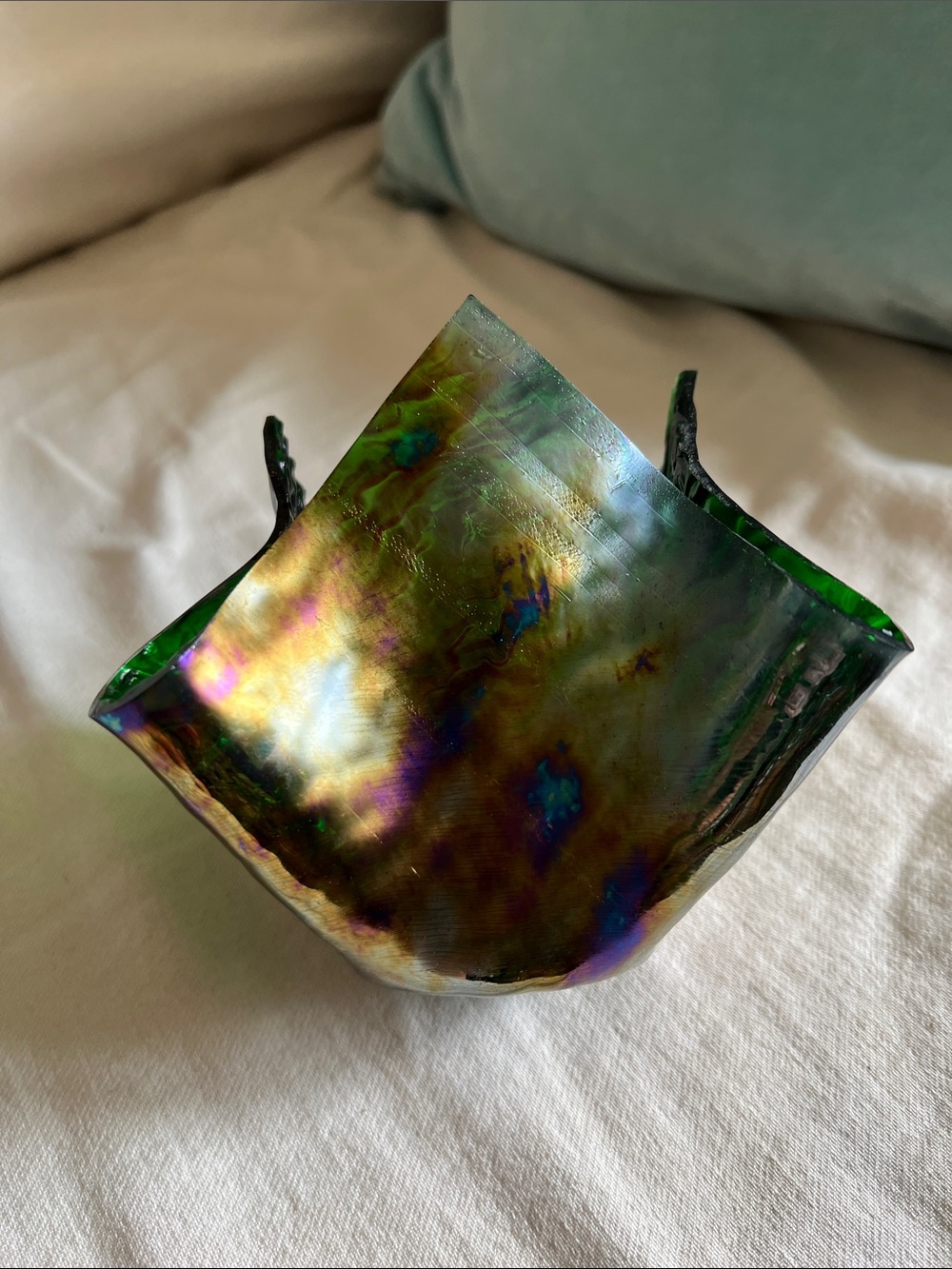 Iridescent Green Glass Art Bowl - Decorative Home Accent